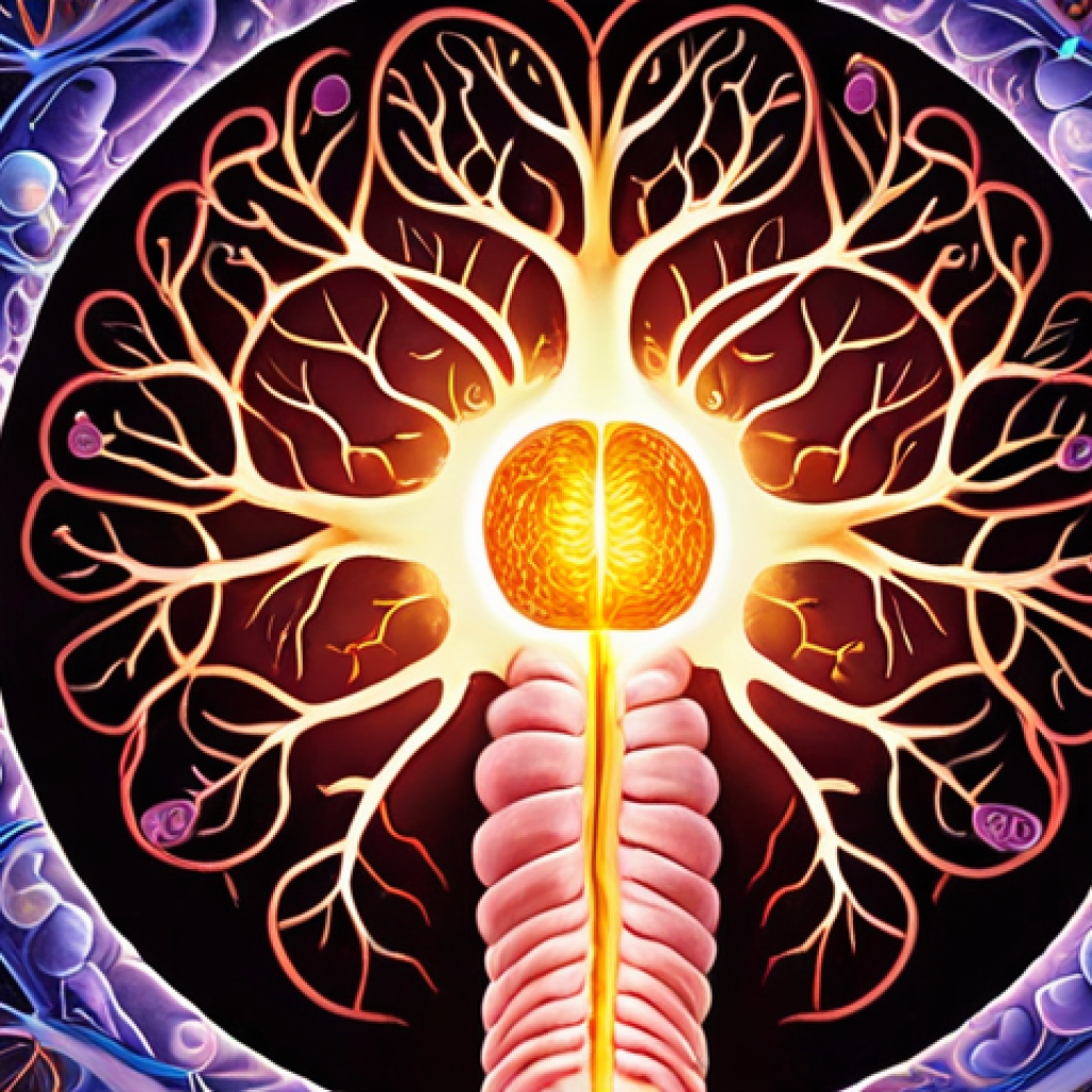 A vibrant, abstract representation of the human body with a glowing, intricate gut at its core, acting as a "second brain." Delicate, luminous pathways connect the gut to a subtly illuminated brain, radiating energy and mental clarity. Surrounding the gut, microscopic, beneficial organisms are depicted as a harmonious, dynamic ecosystem of soft, organic shapes and warm, inviting colors, symbolizing vitality, balance, and overall well-being. The image should convey a sense of scientific wonder blended with holistic health, clean lines, and an ethereal glow.