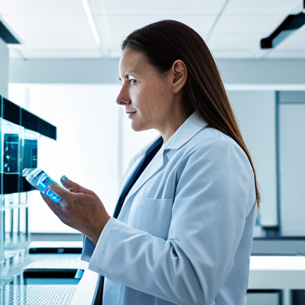A professional female researcher, mid-30s, in a modest lab coat, stands thoughtfully in a pristine, modern laboratory. Subtle, abstract glowing representations of beneficial gut bacteria (microorganisms) float around her, symbolizing the complex microbiome. The setting is clean and high-tech, focusing on scientific discovery and wellness. She is fully clothed, appropriate attire, safe for work, perfect anatomy, natural pose, well-formed hands, proper finger count, natural body proportions, professional photography, high quality.