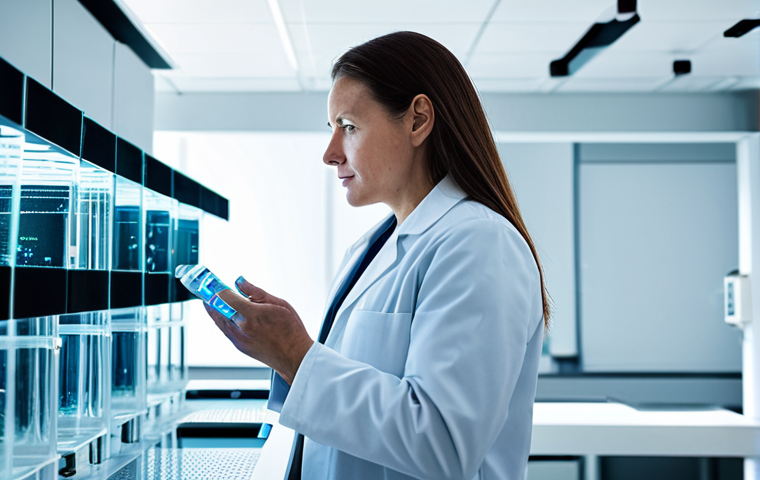 A professional female researcher, mid-30s, in a modest lab coat, stands thoughtfully in a pristine, modern laboratory. Subtle, abstract glowing representations of beneficial gut bacteria (microorganisms) float around her, symbolizing the complex microbiome. The setting is clean and high-tech, focusing on scientific discovery and wellness. She is fully clothed, appropriate attire, safe for work, perfect anatomy, natural pose, well-formed hands, proper finger count, natural body proportions, professional photography, high quality.