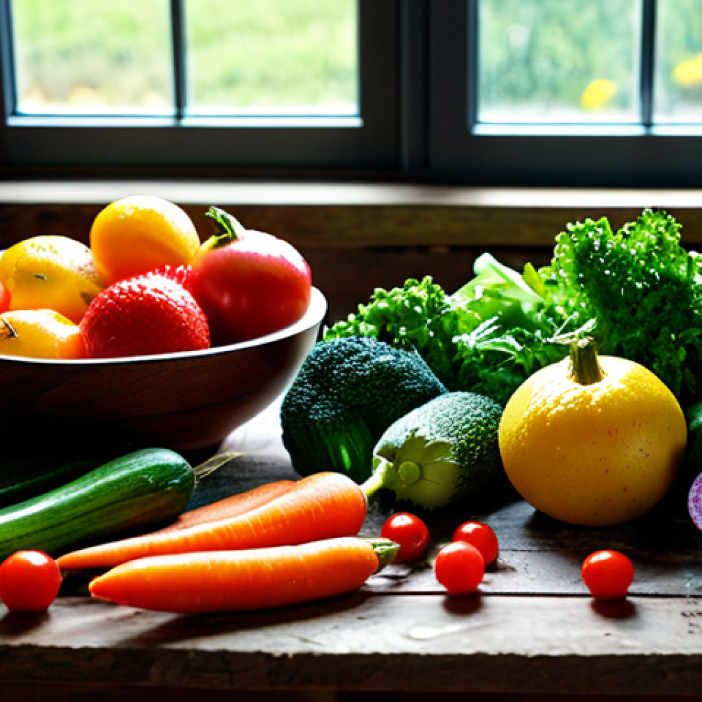 프로바이오틱스와 건강한 노화를 위한 음식 - **Prompt:** A vibrant, eye-level photograph of a selection of colorful vegetables and fruits arrange...