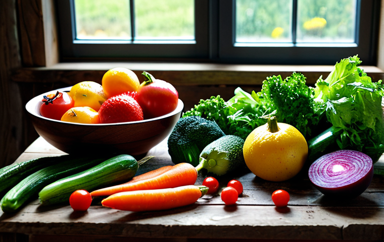 프로바이오틱스와 건강한 노화를 위한 음식 - **Prompt:** A vibrant, eye-level photograph of a selection of colorful vegetables and fruits arrange...