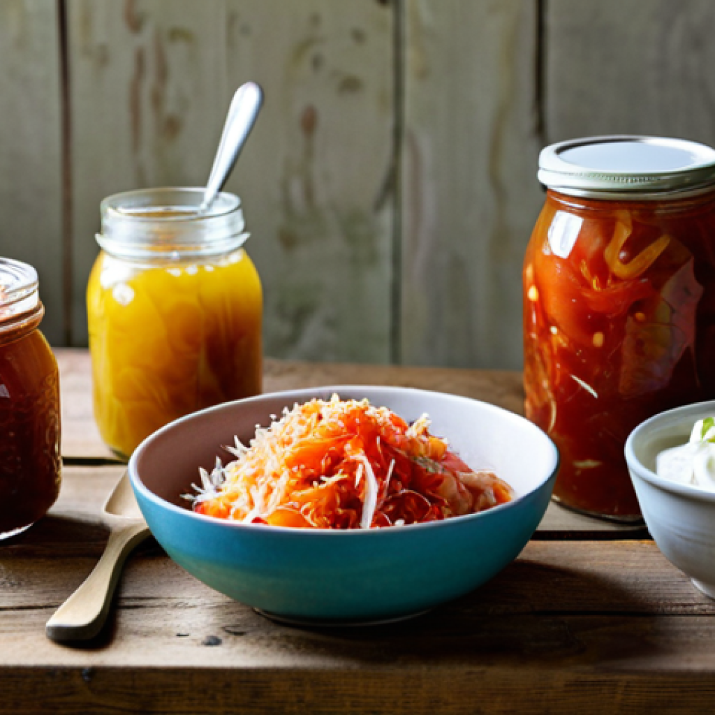 프로바이오틱스 음식과 체중 조절 - Fermented Foods Feast**
"A vibrant still life photograph featuring a variety of colorful fermented ...