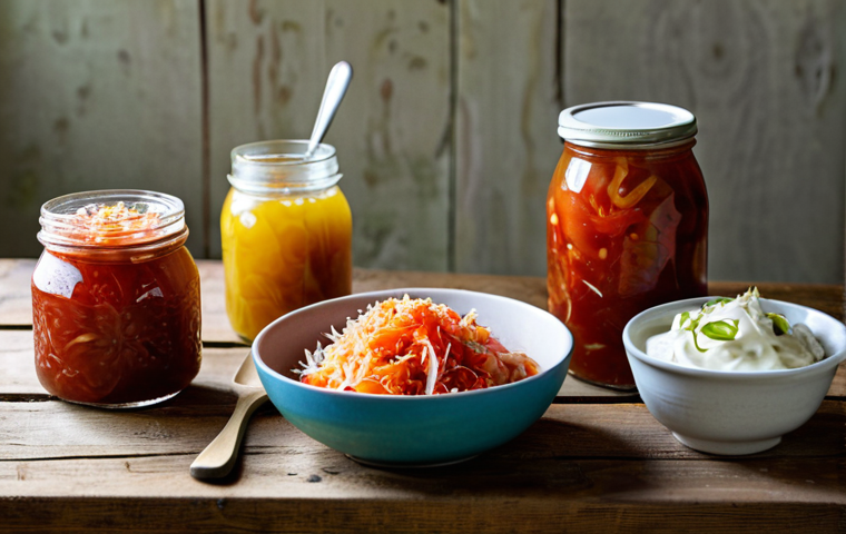 프로바이오틱스 음식과 체중 조절 - Fermented Foods Feast**
"A vibrant still life photograph featuring a variety of colorful fermented ...