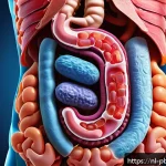 Home 21 프로바이오틱스와 항생제의 관계 - A detailed, realistic illustration of a healthy human digestive system focusing on the intestines, s...
