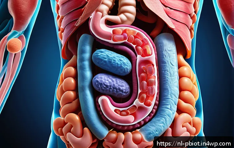 프로바이오틱스와 항생제의 관계 - A detailed, realistic illustration of a healthy human digestive system focusing on the intestines, s...