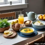 Home 19 프로바이오틱스와 장 건강을 위한 운동법 - A vibrant, detailed illustration of a healthy Dutch breakfast table featuring a variety of fiber-ric...