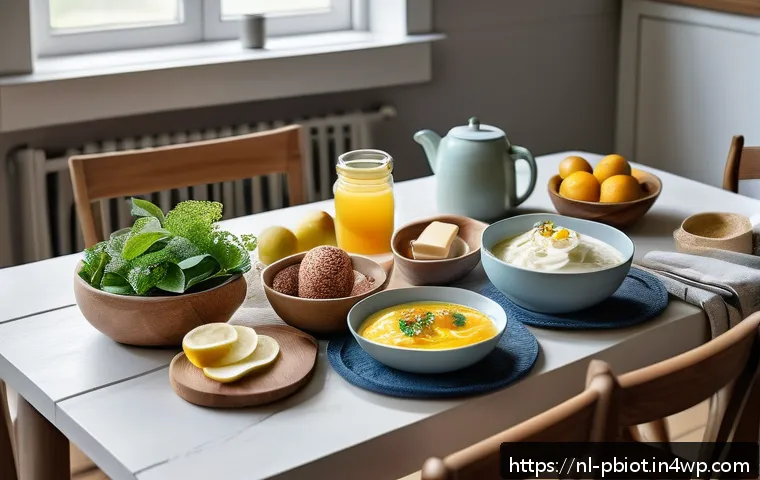 프로바이오틱스와 장 건강을 위한 운동법 - A vibrant, detailed illustration of a healthy Dutch breakfast table featuring a variety of fiber-ric...