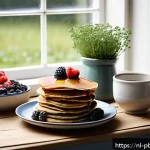 Home 23 프로바이오틱스가 포함된 팬케이크 레시피 - A cozy Dutch kitchen scene showcasing a wooden table set for breakfast with a stack of golden fermen...