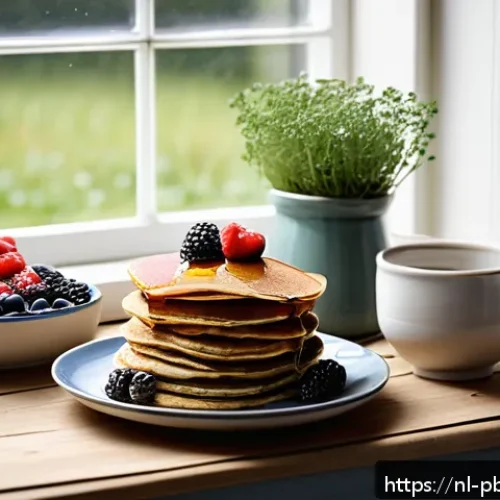 Home 17 프로바이오틱스가 포함된 팬케이크 레시피 - A cozy Dutch kitchen scene showcasing a wooden table set for breakfast with a stack of golden fermen...