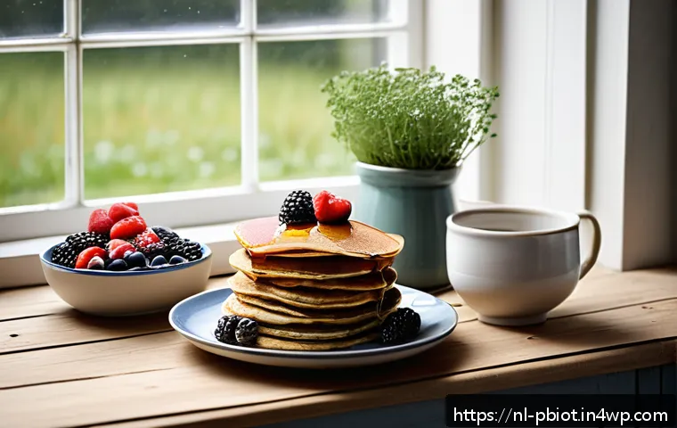 프로바이오틱스가 포함된 팬케이크 레시피 - A cozy Dutch kitchen scene showcasing a wooden table set for breakfast with a stack of golden fermen...