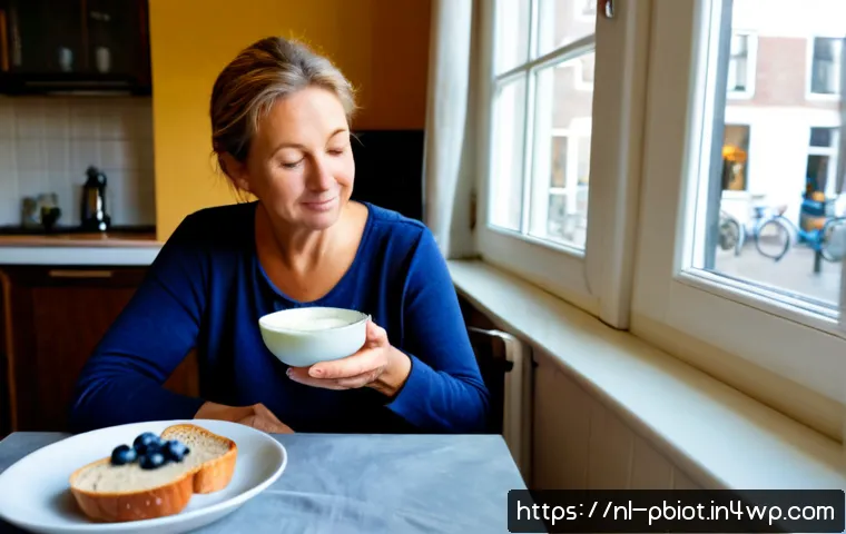 Home 17 프로바이오틱스 음식의 섭취 시기 - Photorealistic Dutch breakfast table in soft early-morning window light, a middle-aged woman enjoyin...